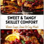 Golden Skillet Orange Chicken topped with cranberry sauce and citrus slices in a rustic pan.